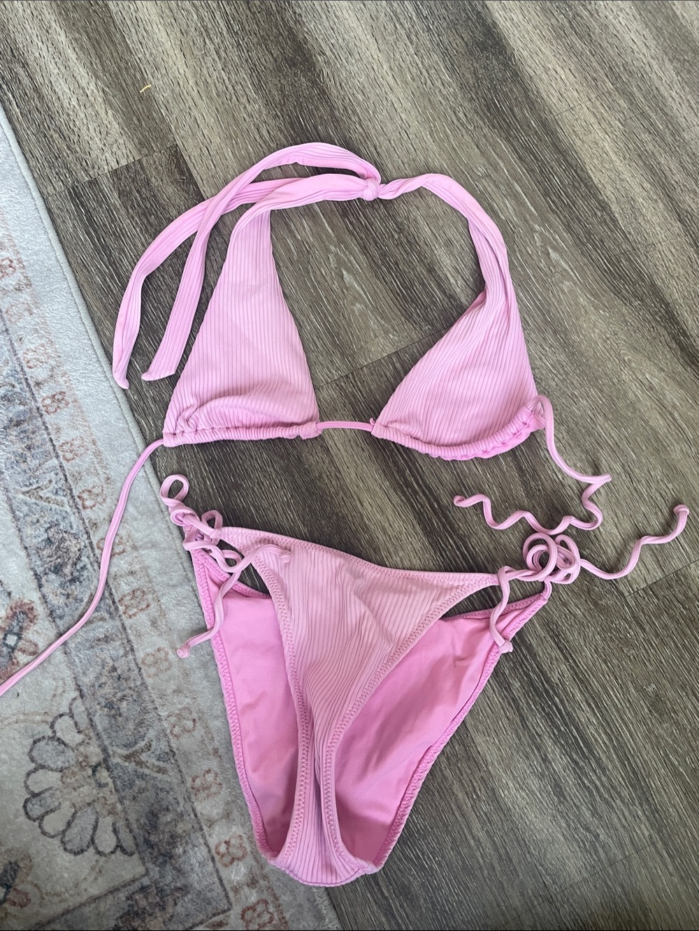 La Hearts Pink Ribbed Triangle String Bikini